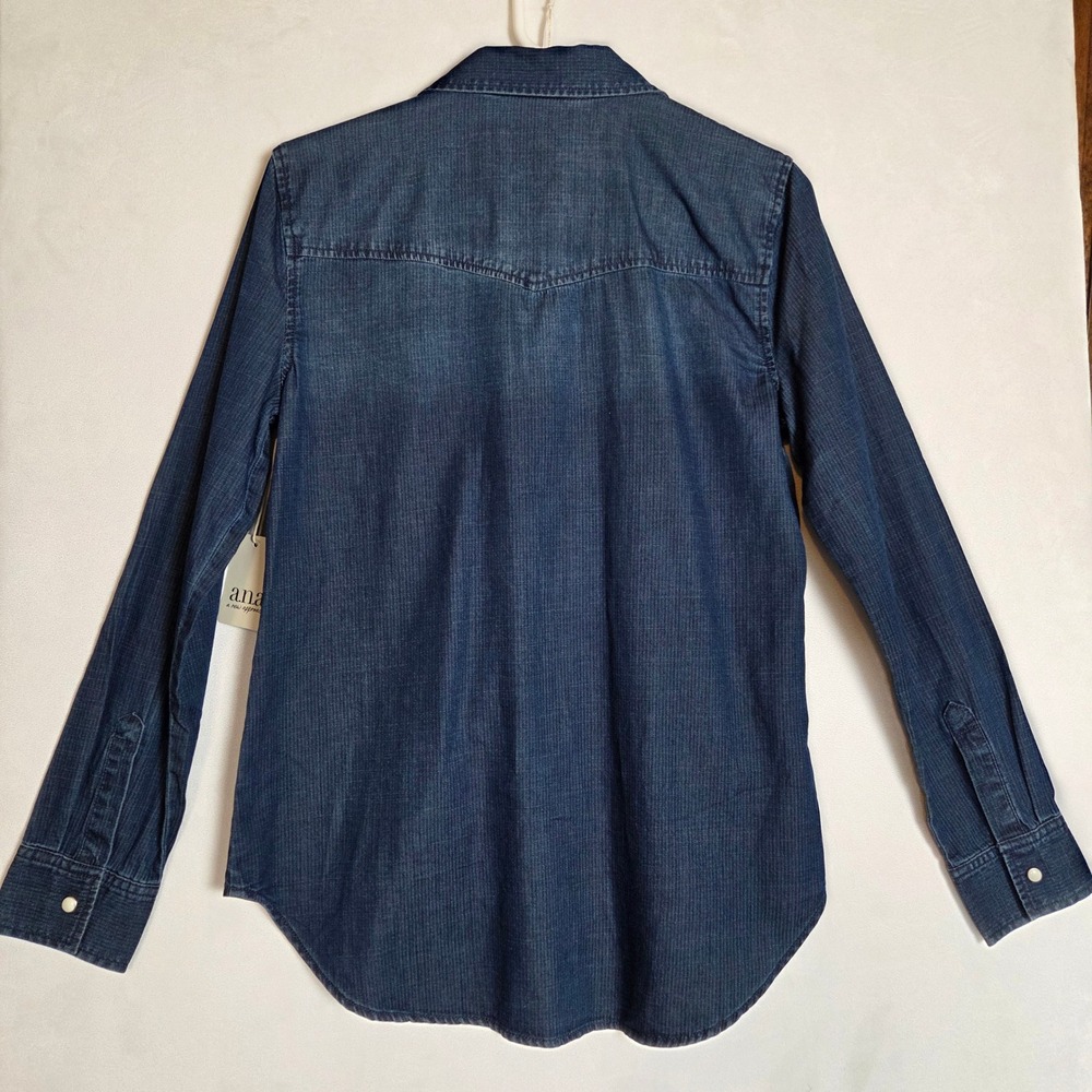 a.n.a Denim Shirt Women Small Dark Wash Western‎ Pearl Snap Organic Cotton NWT - Picture 8 of 8